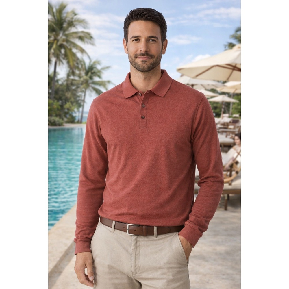 Tommy Bahama Mens XL Silk Cotton Ribbed Long Sleeve Polo Shirt Rust Orange